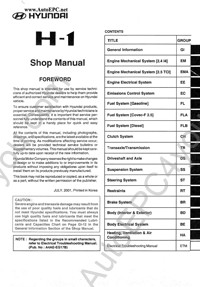 Hyundai H-1 service manual, repair manual, workshop manual Hyundai H-1, electrical wiring diagrams, diagnostic trouble codes, body repair manual